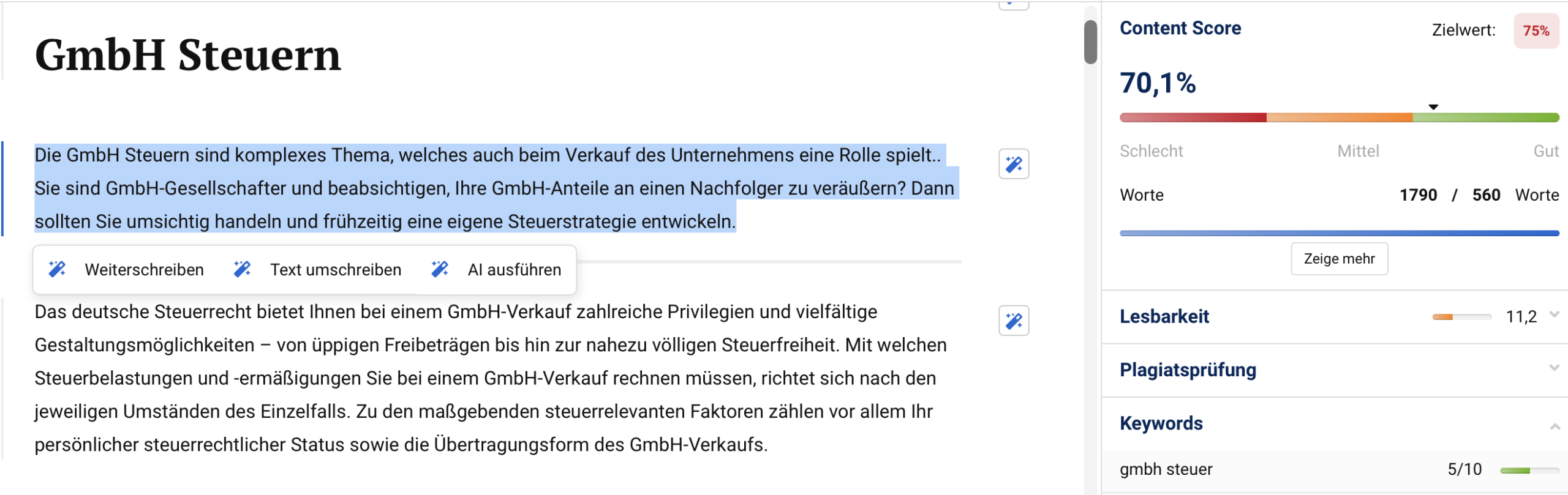SISTRIX Content Assistant Beispiel